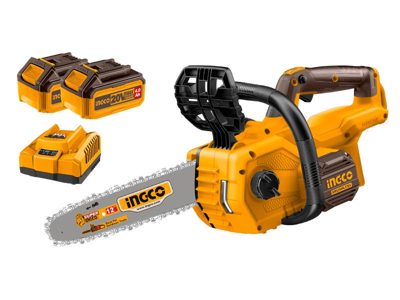 INGCO Akkus láncfűrész 300 mm szénkefe nélküli 20 V (2 x 4,0 Ah akku + töltő) termék fő termékképe