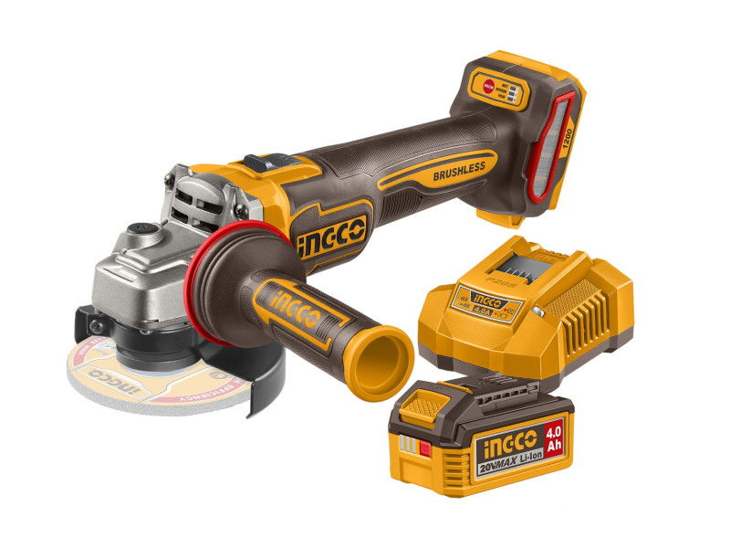 INGCO Akkus sarokcsiszoló 125 mm szénkefe nélküli 20 V (1 x 4,0 Ah akku + töltő) termék fő termékképe