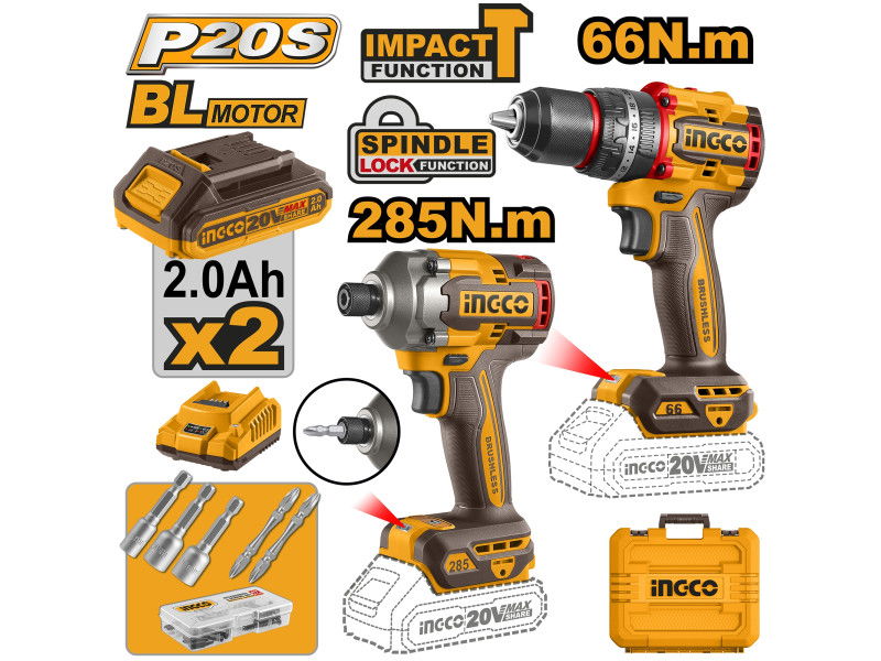 INGCO Akkus erőcsomag 20 V Ütvefúró-csavarozó 66 Nm+Ütvecsavarozó 1/4" 285 Nm (2 db akku + töltő) termék fő termékképe