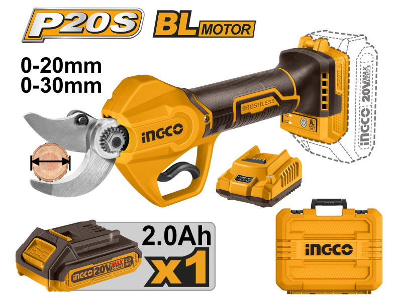 INGCO Akkus metszőolló 30 mm szénkefe nélküli 20 V (1 x 2,0 Ah akku + töltő) termék fő termékképe